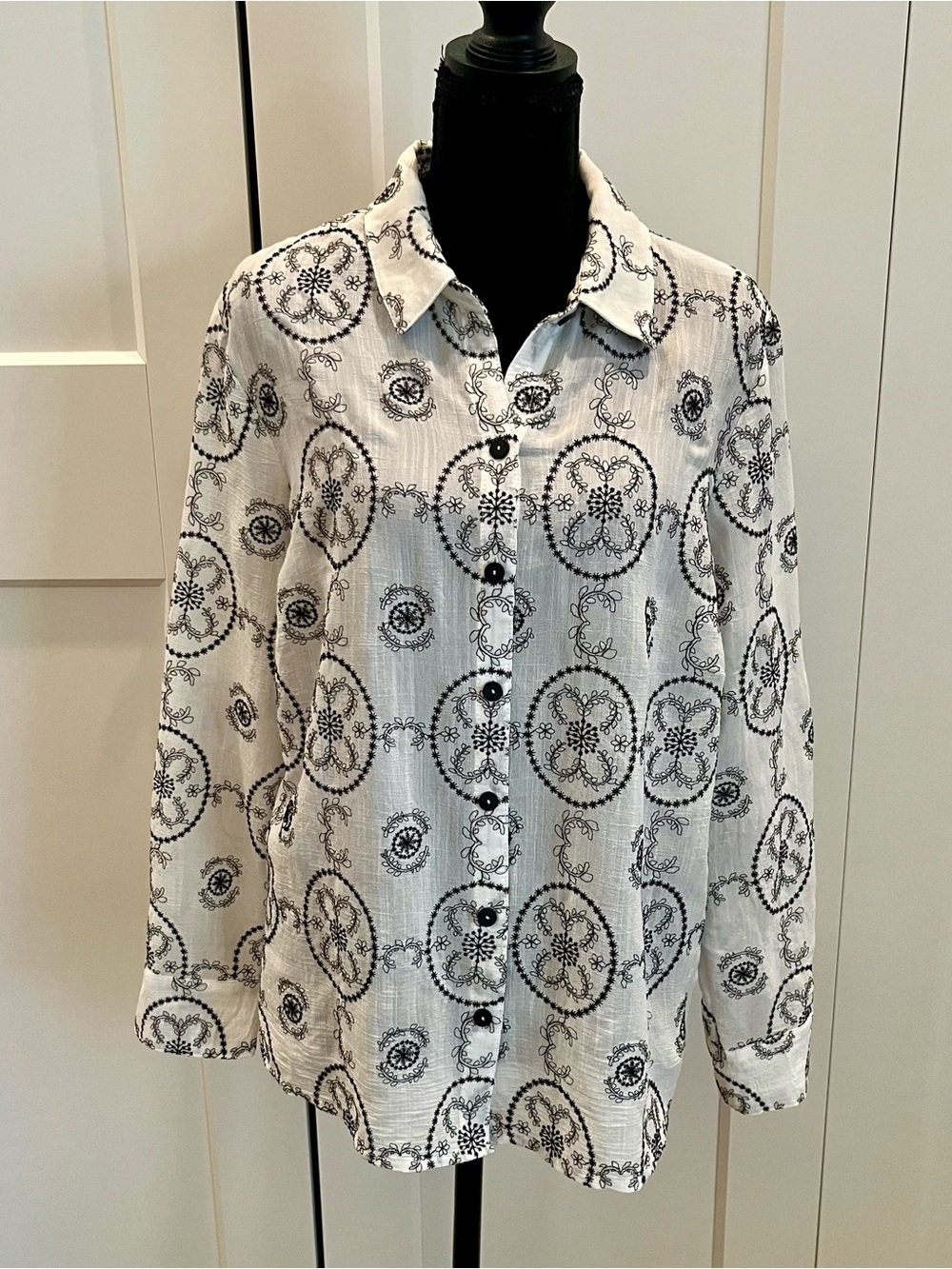 Fig + Flower White Blouse with Black Medallion Print in a Delicate Embroidery